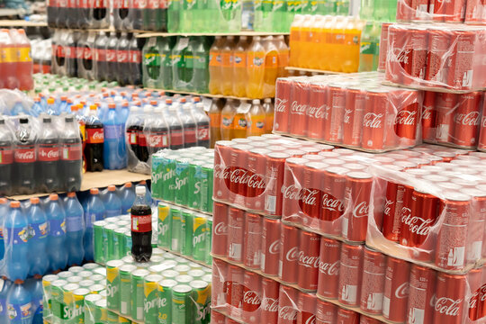 Tyumen, Russia-November 07, 2020: Coca Cola sprite Fanta in the sale of carbonated drinks