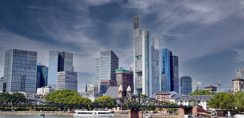 Frankfurt Main city skyline. Skyscraper buildings in Germany on dramatic clouds sky background. European city skyline and financial centre of Frankfurt Main. Business and finance concept