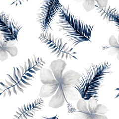 Gray Seamless Plant. Blue Pattern Painting. Indigo Tropical Botanical. Navy Spring Art. Cobalt Decoration Design. Drawing Textile. Watercolor Plant.