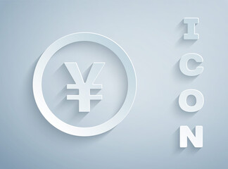 Obraz premium Paper cut Chinese Yuan currency symbol icon isolated on grey background. Coin money. Banking currency sign. Cash symbol. Paper art style. Vector