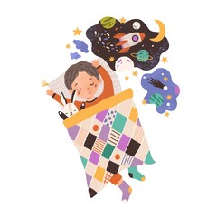 Sweet little boy sleeping with rabbit plush toy under blanket in bed. Child's happy night dreams about space, galaxies and rockets. Colored flat vector illustration isolated on white background