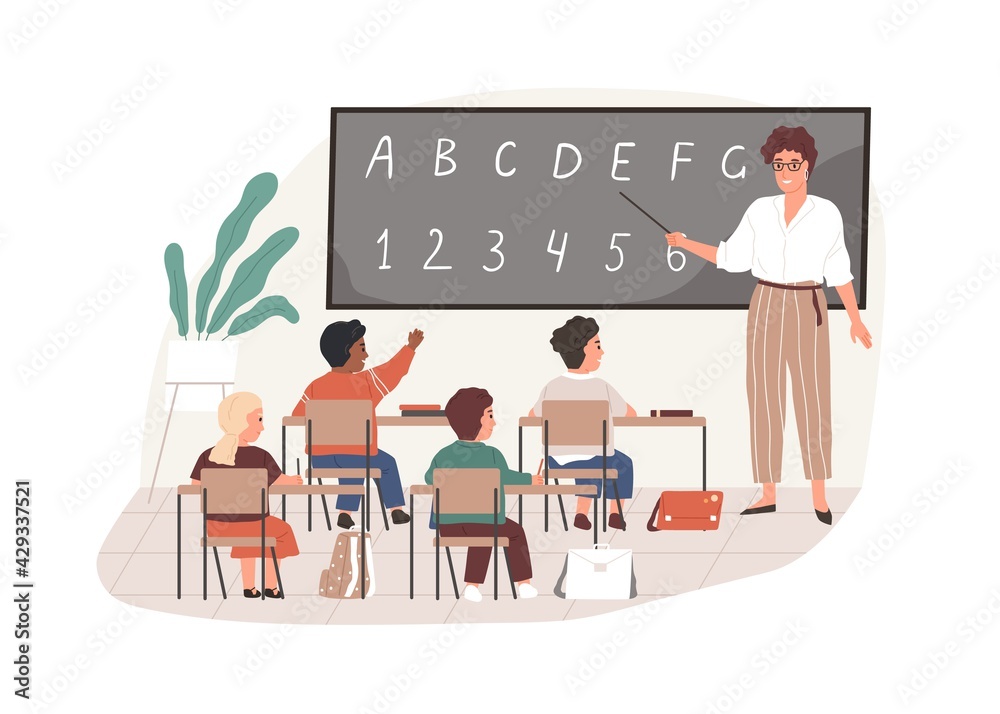 Poster Young teacher with pointer at chalkboard in classroom. Elementary school children studying in class room. Colored flat vector illustration of pedagogue and pupils isolated on white background