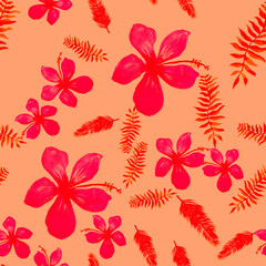 Pink Seamless Exotic. Coral Pattern Background. Red Tropical Textile. Scarlet Flower Leaf. Ruby Drawing Hibiscus. Spring Palm. Flora Background. Floral Hibiscus.
