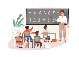 Young teacher with pointer at chalkboard in classroom. Elementary school children studying in class room. Colored flat vector illustration of pedagogue and pupils isolated on white background © Good Studio