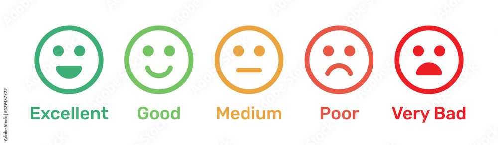 Poster satisfaction rating. feedback scale with emoticon faces, bad to good user experience vector illustra