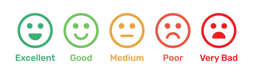 Satisfaction rating. Feedback scale with emoticon faces, bad to good user experience vector illustration. - obrazy, fototapety, plakaty