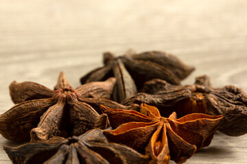 Star anise exotic spice on a wooden table