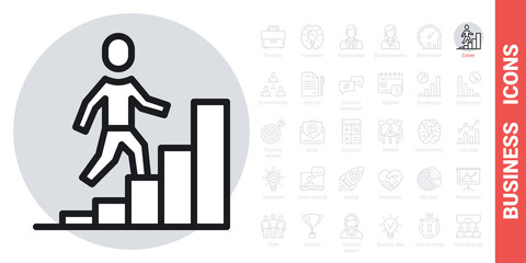 Career growth icon. Man walking up the stairs in the form of a growing chart. Simple black and white version from a series of business icons