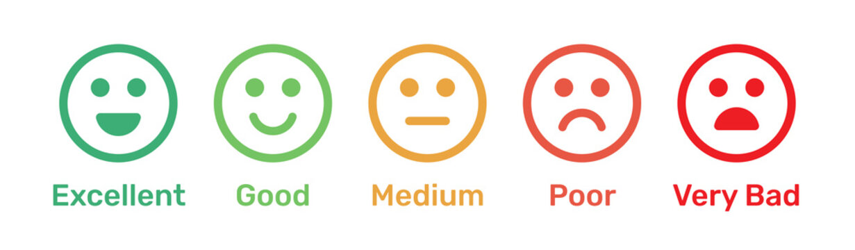 Satisfaction rating. Feedback scale with emoticon faces, bad to good user experience vector illustration.