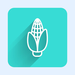 White line Corn icon isolated with long shadow. Green square button. Vector