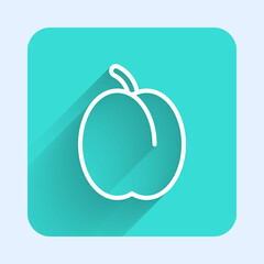 White line Plum fruit icon isolated with long shadow. Green square button. Vector