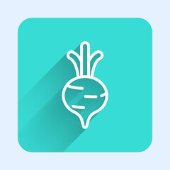 White line Fresh beet with leaf icon isolated with long shadow. Natural Root. Vegetable Ingredient for food. Green square button. Vector