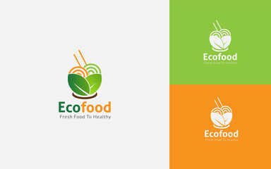 healthy food logo with the green leaves, noodles, chopstick concept 