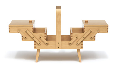 Front view of wooden expandable sewing box with the legs - 3D illustration