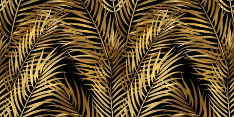 Lichtdoorlatende gordijnen Zwart goud Tropische palmbladeren, jungle bladeren naadloze vector bloemmotief achtergrond