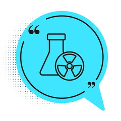 Black line Laboratory chemical beaker with toxic liquid icon isolated on white background. Biohazard symbol. Dangerous symbol with radiation icon. Blue speech bubble symbol. Vector