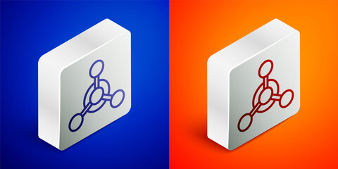 Isometric line Molecule icon isolated on blue and orange background. Structure of molecules in chemistry, science teachers innovative educational poster. Silver square button. Vector