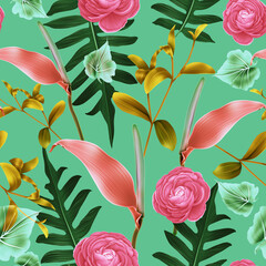 Colourful Seamless Pattern with tropic flowers and leaves. Hi quality fashion design. Fresh and unique botanical background - 429339118
