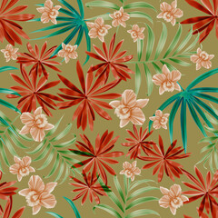 Colourful Seamless Pattern with tropic flowers and leaves. Hi quality fashion design. Fresh and unique botanical background