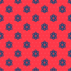Blue line Atom icon isolated seamless pattern on red background. Symbol of science, education, nuclear physics, scientific research. Vector