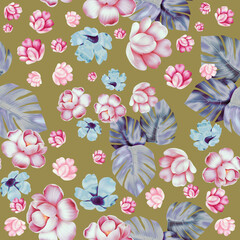 Colourful Seamless Pattern with tropic flowers and leaves. Hi quality fashion design. Fresh and unique botanical background