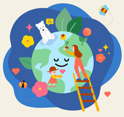 People, flowers and leaves that protect the planet. flat design style minimal vector illustration.