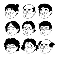 Old people cartoon avatars set. Cartoon illustration