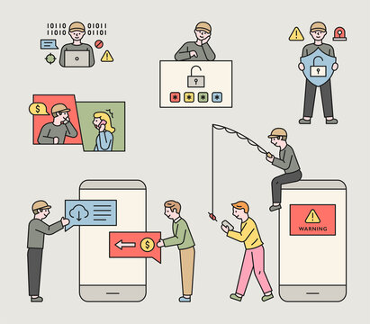 Various tactics of criminals who commit cybercrime. flat design style minimal vector illustration.