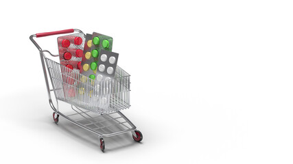 Buy and shopping medicine concept. Various capsules, tablets and medicine in shop trolley on a white background. Copy space. 3d illustration