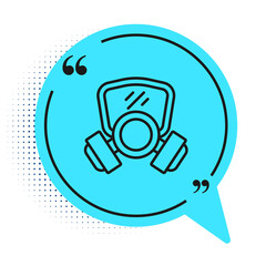 Black line Gas mask icon isolated on white background. Respirator sign. Blue speech bubble symbol. Vector