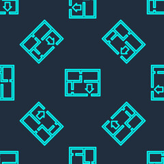 Green line Evacuation plan icon isolated seamless pattern on blue background. Fire escape plan. Vector