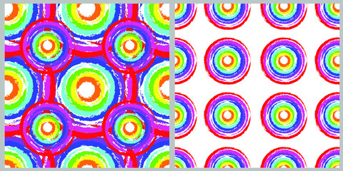 Set of geometric seamless patterns. Abstract circles in bright colors on a white isolated background. For flyer, poster, cover, textile print, fabric design 