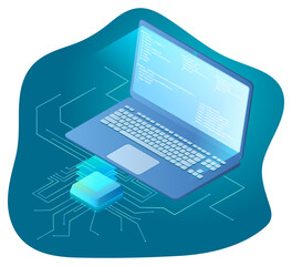 Secure Internet connections.The concept of data protection.Laptop and internet connections.3d image.Isometric vector illustration