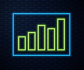 Glowing neon line Graph, schedule, chart, diagram, infographic, pie graph icon isolated on brick wall background. Vector