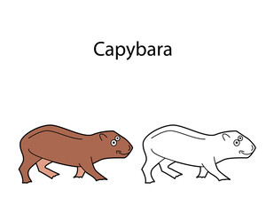 Funny cute animal capybara isolated on white background. Linear, contour, black and white and colored version. Illustration can be used for coloring book and pictures for children