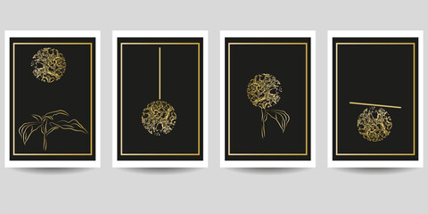 Set of minimalistic elegant wall decor posters. Luxurious dark background with abstract golden ball and natural elements. Creative templates for weddings, invitations, birthday, parties,  posters 
