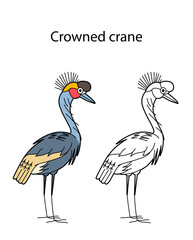 Funny cute animal crowned crane isolated on white background. Linear, contour, black and white and colored version. Illustration can be used for coloring book and pictures for children