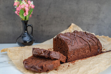 Sliced homemade chocolate pound cake loaf