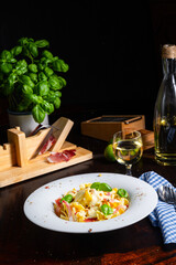 Tagliatelle with gorgonzola masarpone sauce and ham.