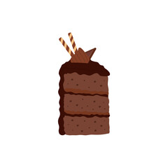 Slice of chocolate cake icon isolated white background.Vector cartoon illustration