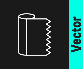 White line Textile fabric roll icon isolated on black background. Roll, mat, rug, cloth, carpet or paper roll icon. Vector