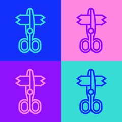 Fototapeta premium Pop art line Scissors icon isolated on color background. Tailor symbol. Cutting tool sign. Vector