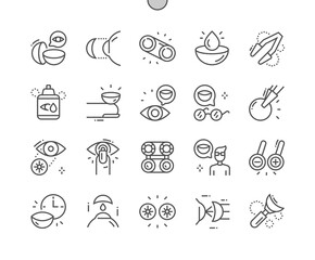 Contact lenses. Vision problems. Lenses for glasses. Health care, medical and medicine. Eyecare, optical, ophthalmology and optometry. Pixel Perfect Vector Thin Line Icons. Simple Minimal Pictogram