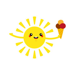 Cute cartoon style smiling shining sun character holding ice cream cone in in hand for summer vacation design.
