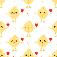 Cute cartoon style smiling chickpea, chick pea seed character holding red heart vector seamless pattern background.
