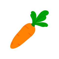 Orange carrot vegetable with green leaves cute cartoon style vector illustration, icon.
