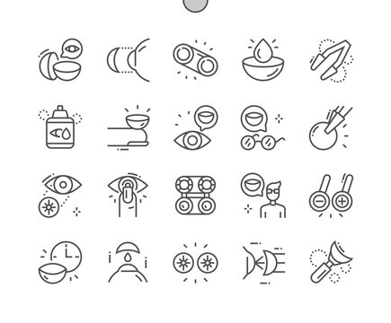 Contact Lenses. Vision Problems. Lenses For Glasses. Health Care, Medical And Medicine. Eyecare, Optical, Ophthalmology And Optometry. Pixel Perfect Vector Thin Line Icons. Simple Minimal Pictogram