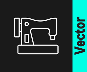 White line Sewing machine icon isolated on black background. Vector