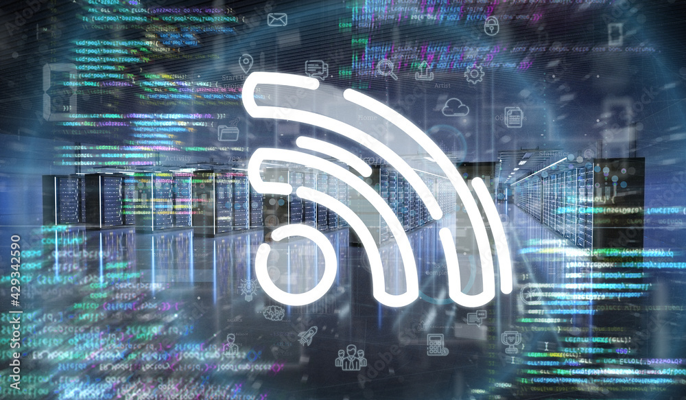 Poster wifi icon in a server room data center - 3d rendering