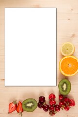 Spring mockup fruit background with blank sheet paper for text Food mock up empty white card paper invitation recipe space for text